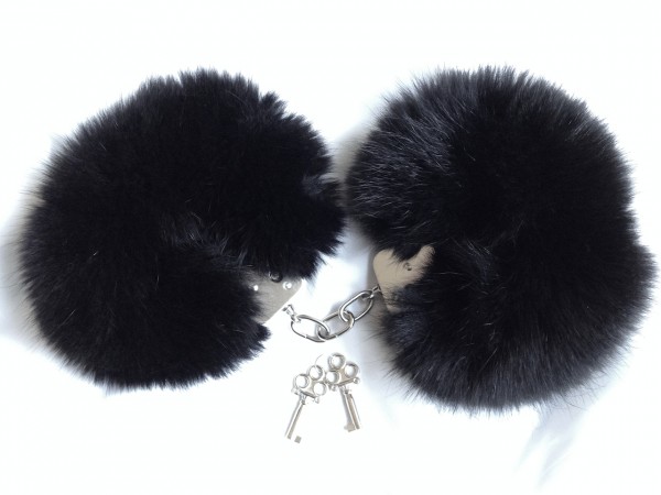 Schwarze Blaufuchs Pelz - Metall Handschellen (schwere Qualitt) in Chrom - Genuine Black Blue Fox Fur Handcuffs